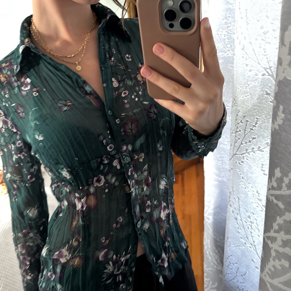 Sheer Floral Button-Up Dress in Deep Green